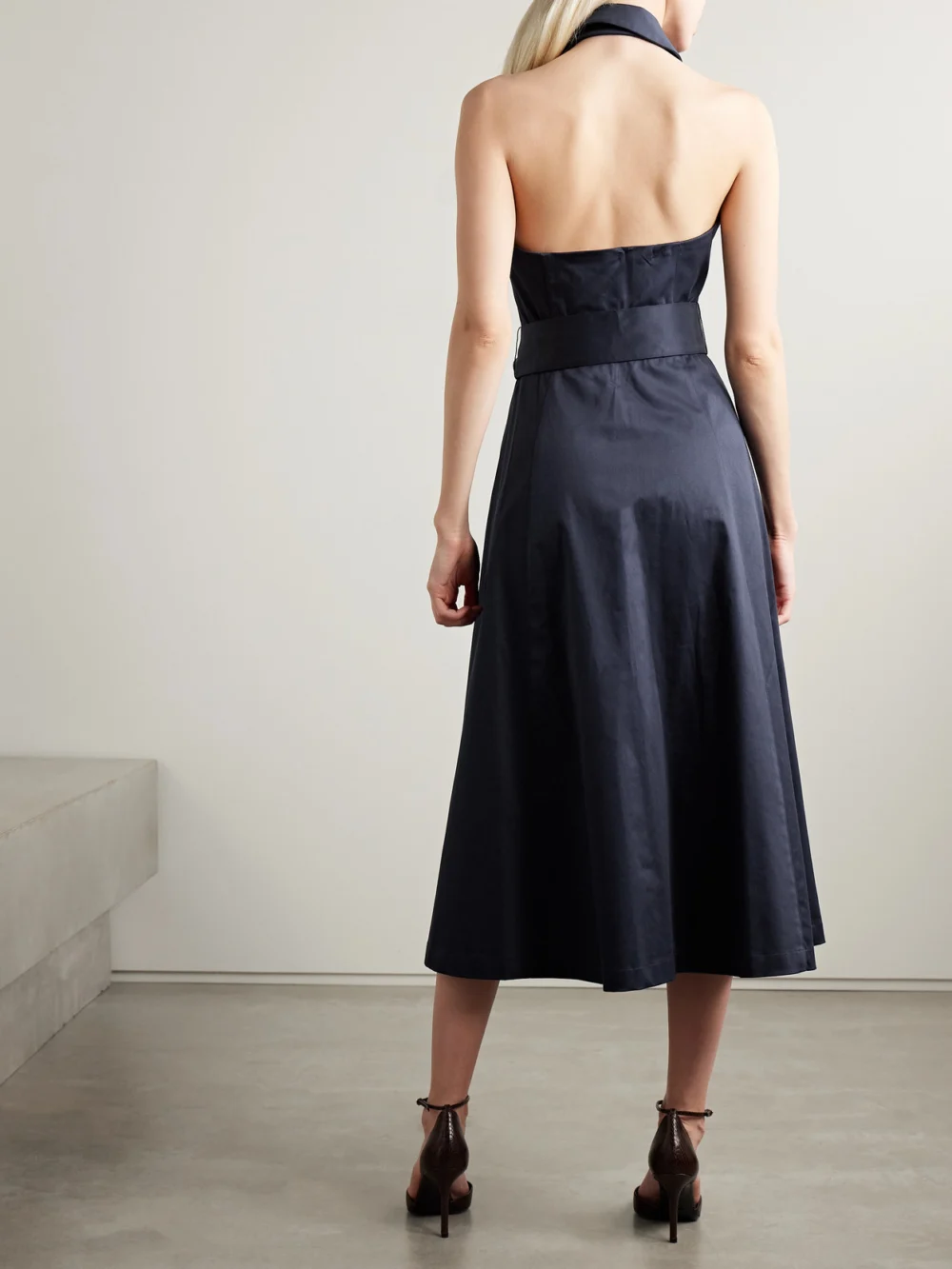 Back view of the Carolina Herrera Belted Cotton-blend Sateen Halterneck Midi Shirt Dress
