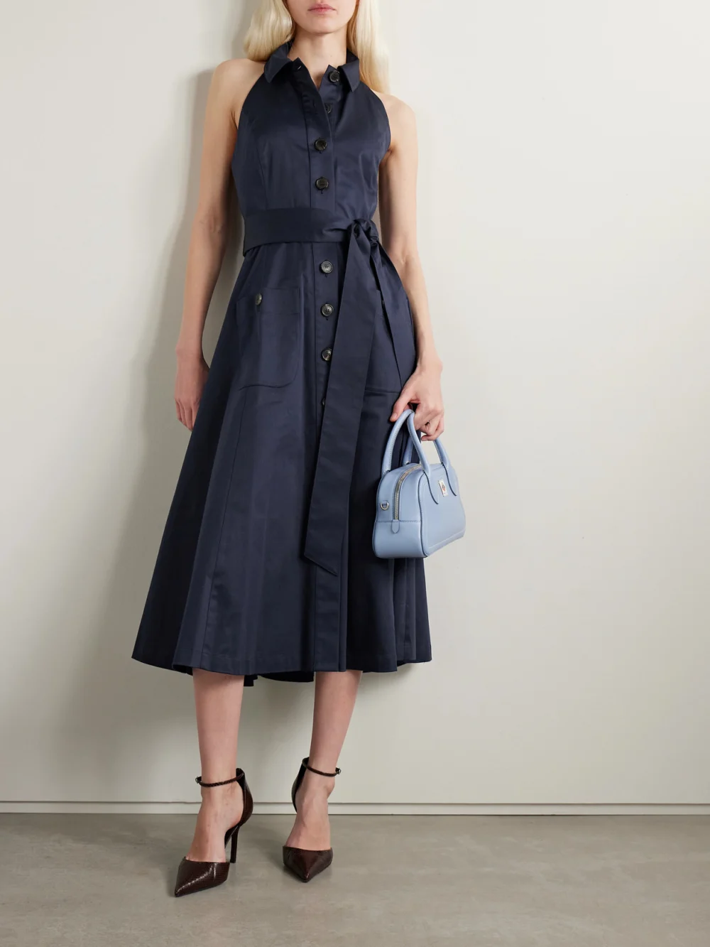 Carolina Herrera Belted Cotton-blend Sateen Halterneck Midi Shirt Dress, worn by a model