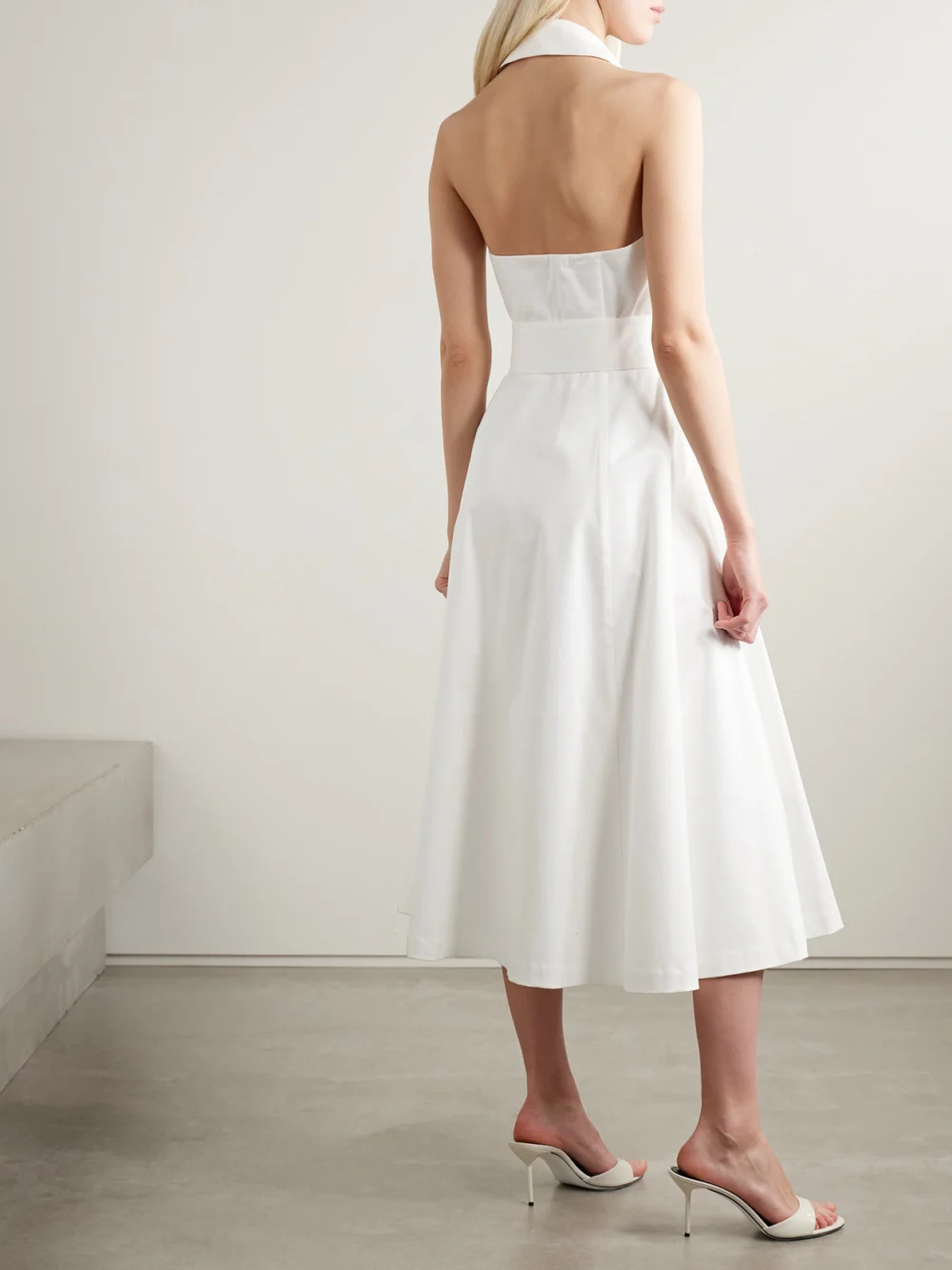 Back view of the Carolina Herrera Belted Cotton-blend Sateen Halterneck Midi Shirt Dress