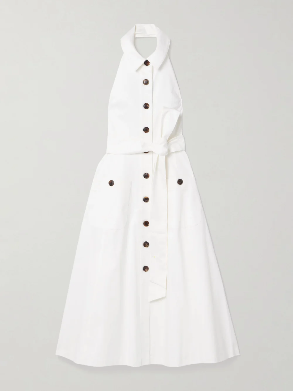 Carolina Herrera Belted Cotton-blend Sateen Halterneck Midi Shirt Dress in white