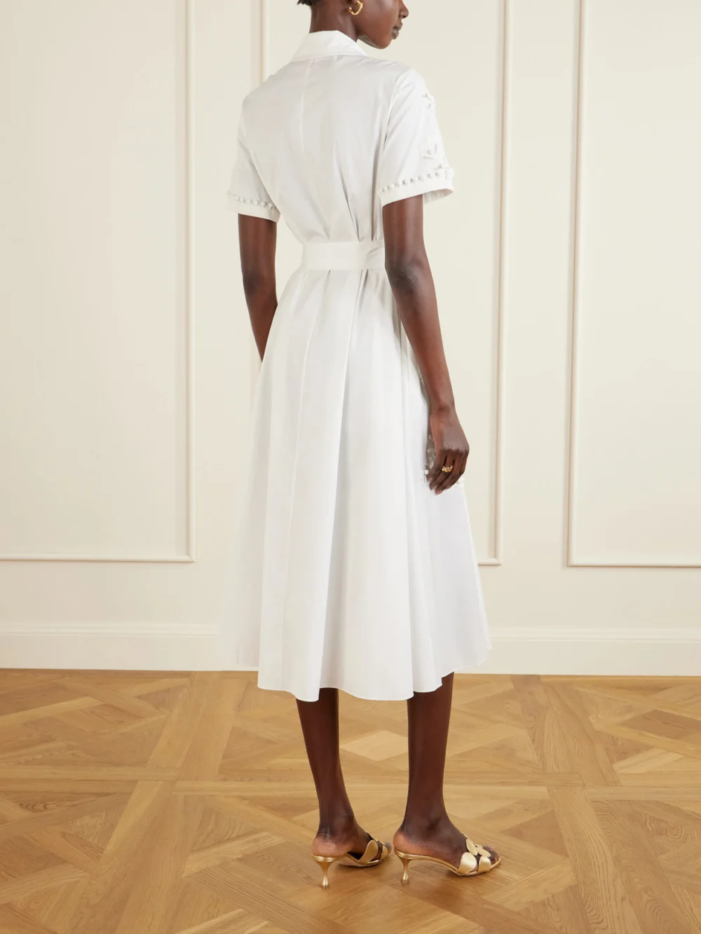 Back view of the Carolina Herrera Belted Embroidered Cotton-blend Poplin Midi Shirt Dress