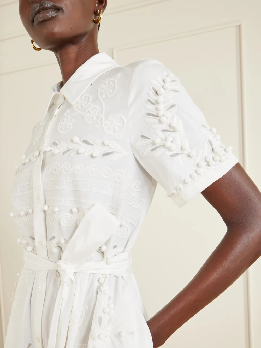 Close-up detail of the Carolina Herrera Belted Embroidered Cotton-blend Poplin Midi Shirt Dress
