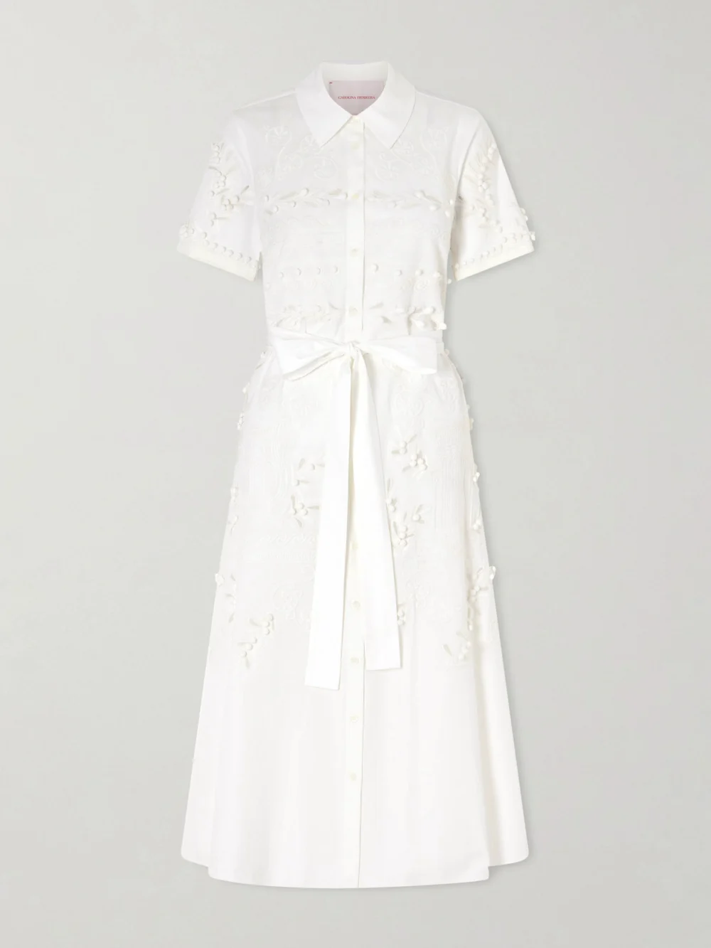 Carolina Herrera Belted Embroidered Cotton-blend Poplin Midi Shirt Dress in white