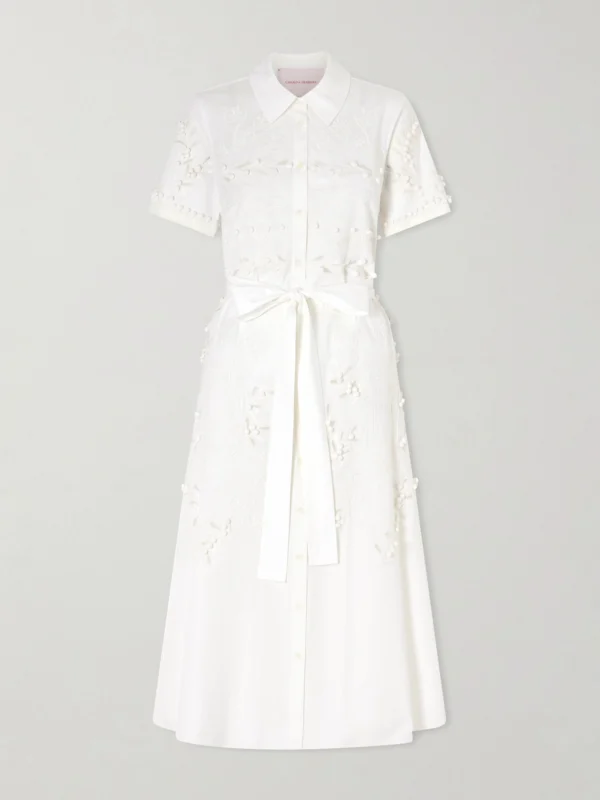 Carolina Herrera Belted Embroidered Cotton-blend Poplin Midi Shirt Dress