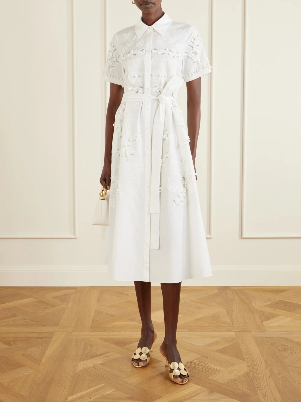 Carolina Herrera Belted Embroidered Cotton-blend Poplin Midi Shirt Dress, worn by a model