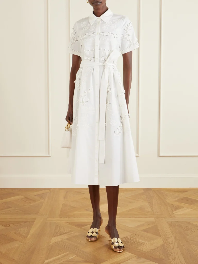 Carolina Herrera Belted Embroidered Cotton-blend Poplin Midi Shirt Dress