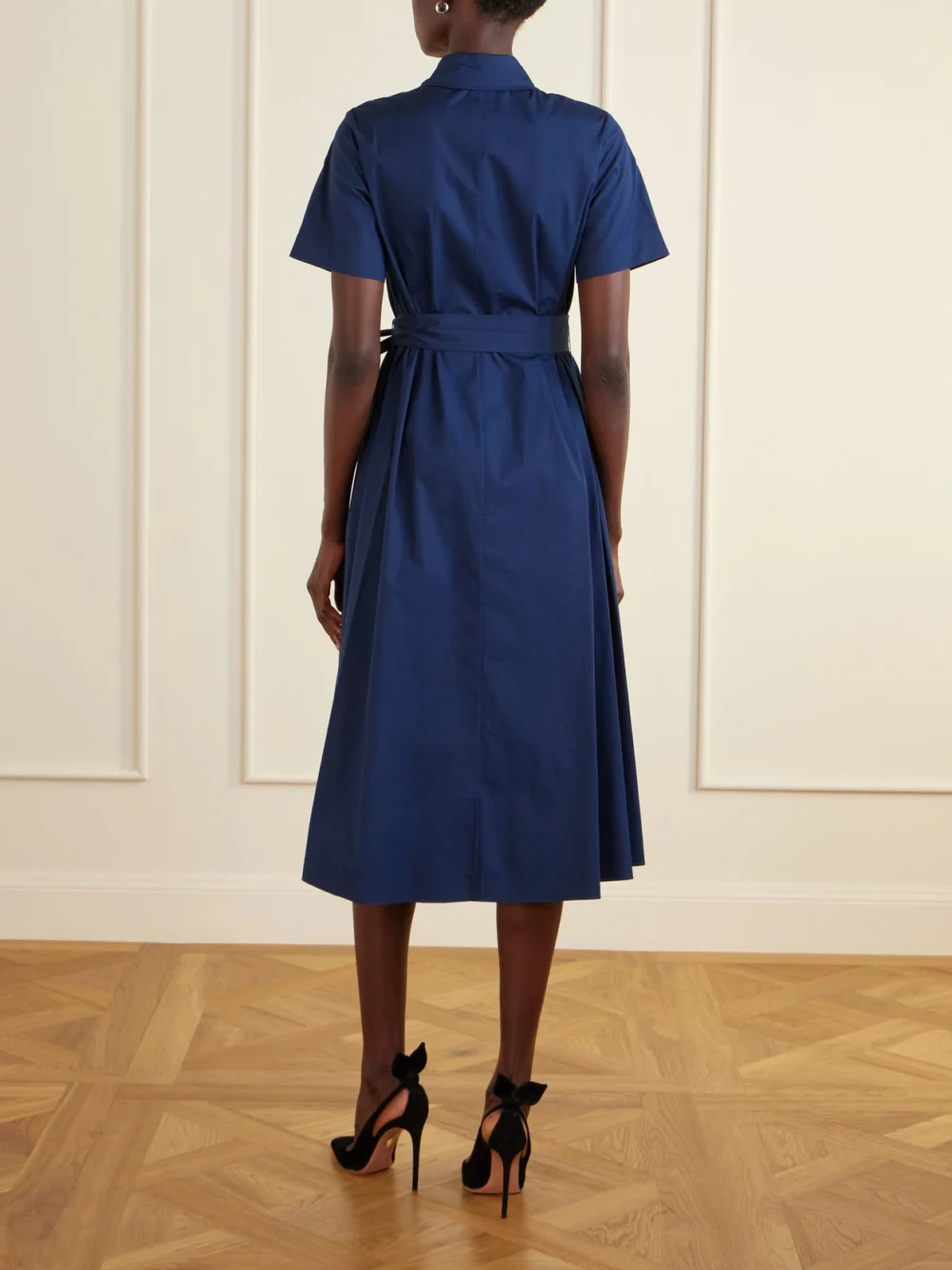Back view of the Carolina Herrera Belted Floral-embroidered Cotton-blend Midi Dress