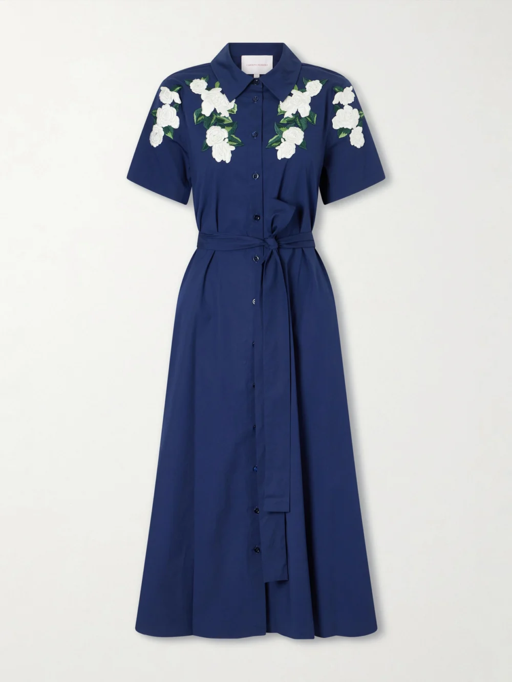 Carolina Herrera Belted Floral-embroidered Cotton-blend Midi Dress in navy