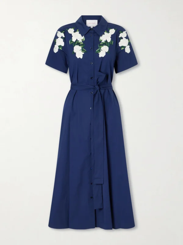 Carolina Herrera Belted Floral-embroidered Cotton-blend Midi Dress