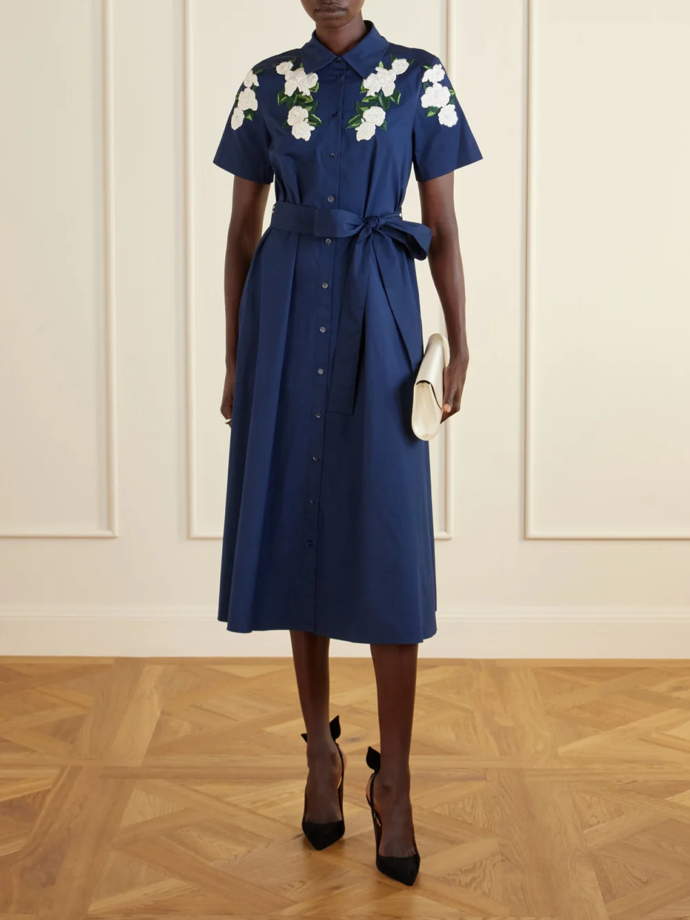 Carolina Herrera Belted Floral-embroidered Cotton-blend Midi Dress, worn by a model