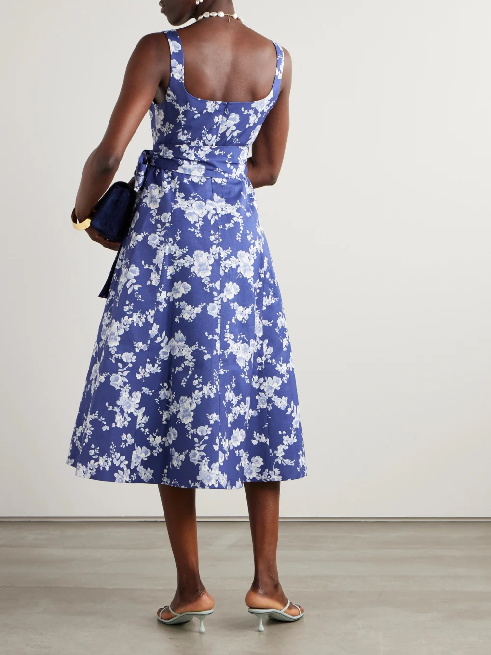 Back view of the Carolina Herrera Belted Floral-print Faille Midi Dress