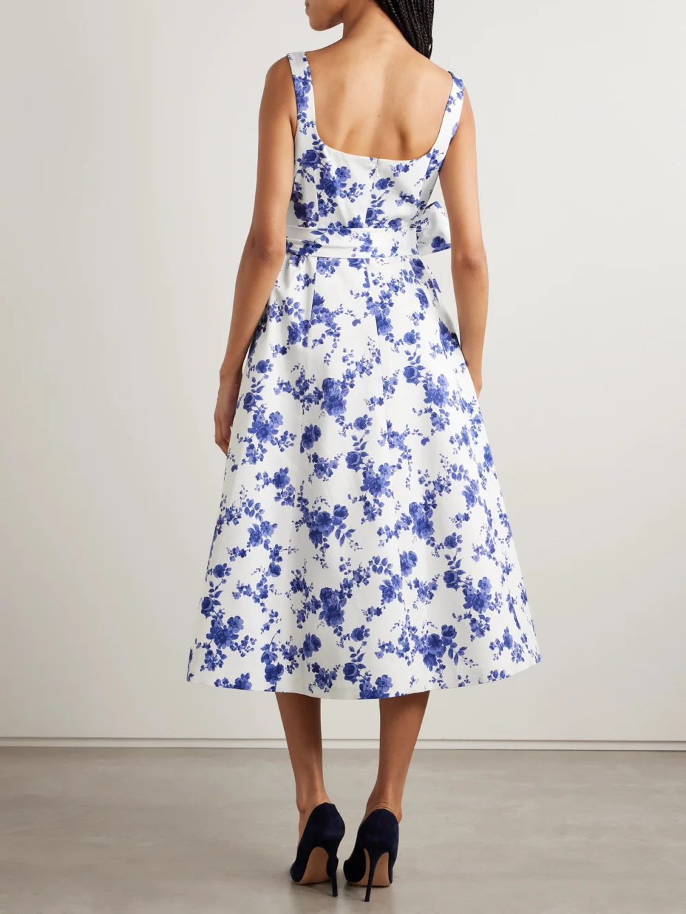 Back view of the Carolina Herrera Belted Floral-print Faille Midi Dress