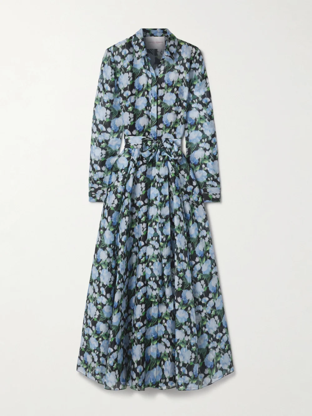Carolina Herrera Belted Floral-print Silk-organza Midi Shirt Dress in blue