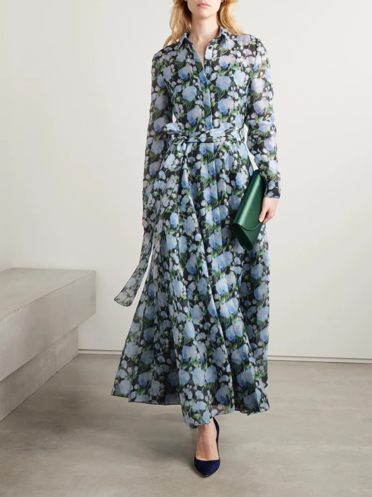 Carolina Herrera Belted Floral-print Silk-organza Midi Shirt Dress