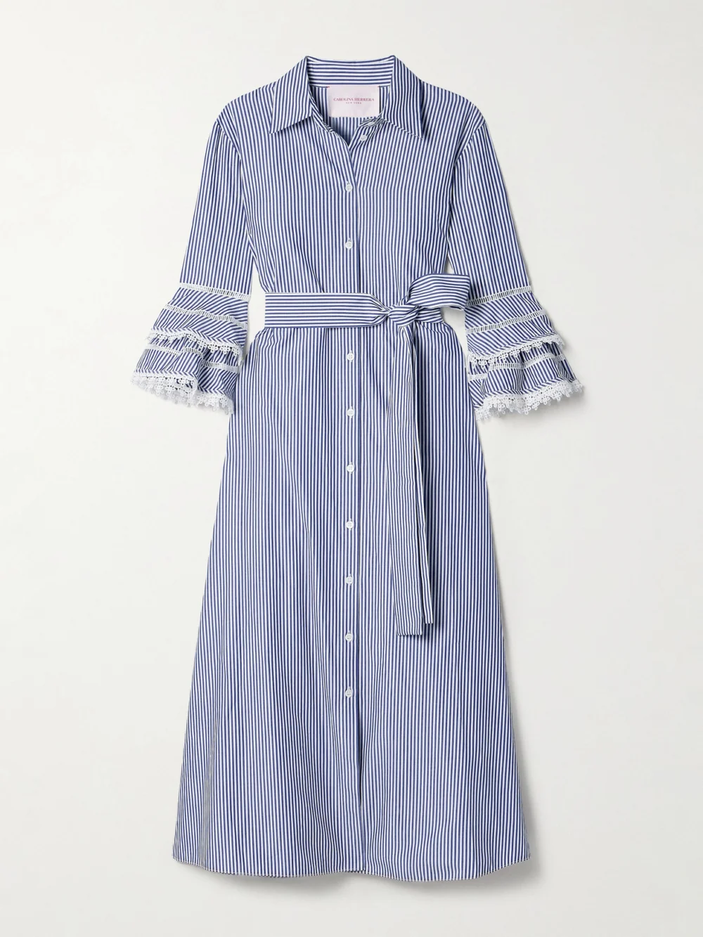 Carolina Herrera Belted Guipure Lace-trimmed Striped Cotton-poplin Midi Shirt Dress in blue