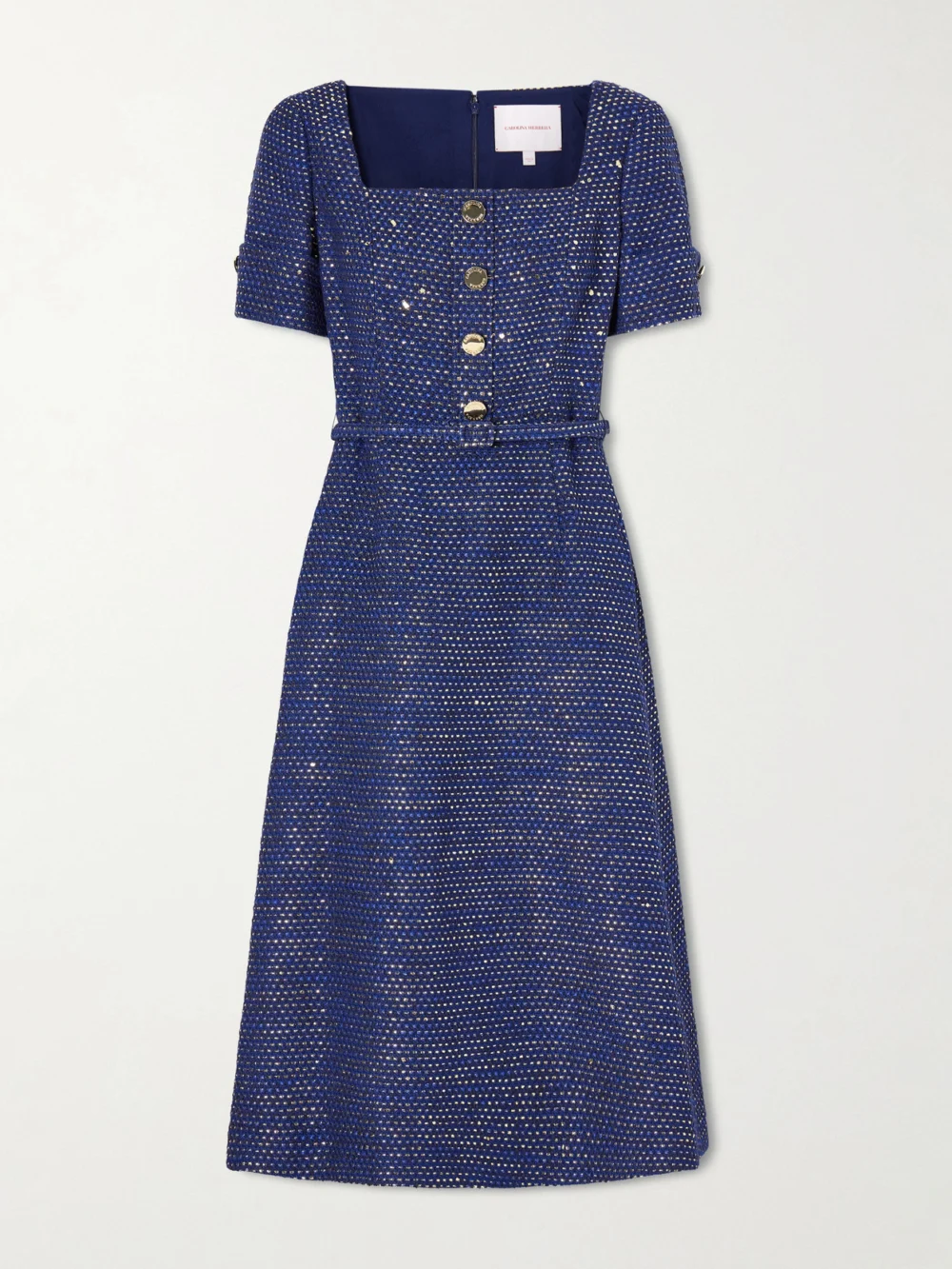 Carolina Herrera Belted Metallic Cotton-blend Tweed Midi Dress in navy
