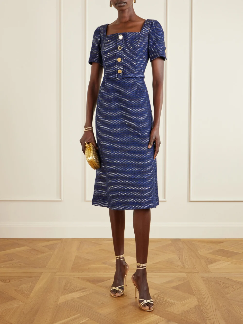 Carolina Herrera Belted Metallic Cotton-blend Tweed Midi Dress, worn by a model