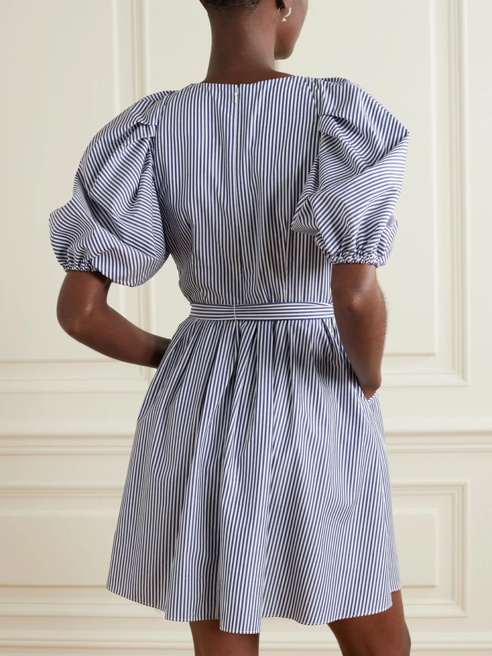 Back view of the Carolina Herrera Belted Striped Cotton-poplin Mini Dress