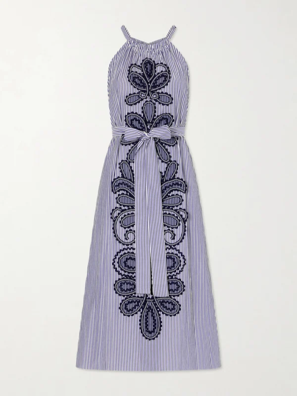 Carolina Herrera Belted Striped Embroidered Cotton-poplin Halterneck Midi Dress