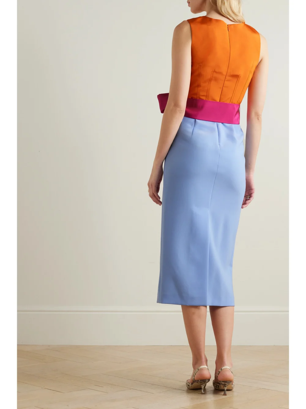 Back view of the Carolina Herrera Bow-detailed Color-block Silk-faille Midi Dress