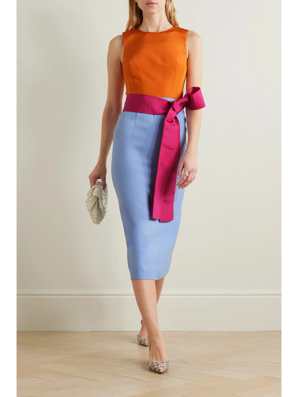 Carolina Herrera Bow-detailed Color-block Silk-faille Midi Dress, worn by a model