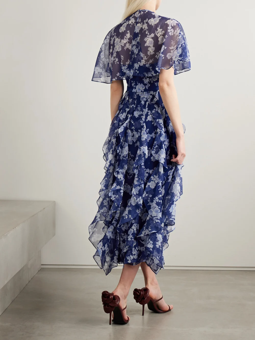 Back view of the Carolina Herrera Cape-effect Ruffled Floral-print Silk-crepon Midi Dress