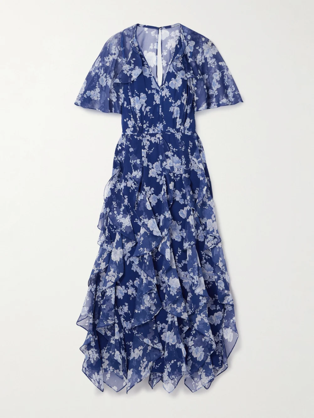 Carolina Herrera Cape-effect Ruffled Floral-print Silk-crepon Midi Dress in bright blue