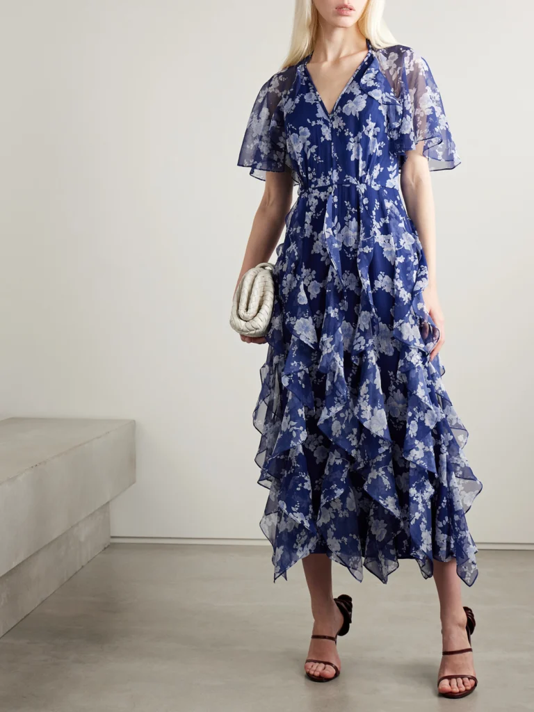 Carolina Herrera Cape-effect Ruffled Floral-print Silk-crepon Midi Dress