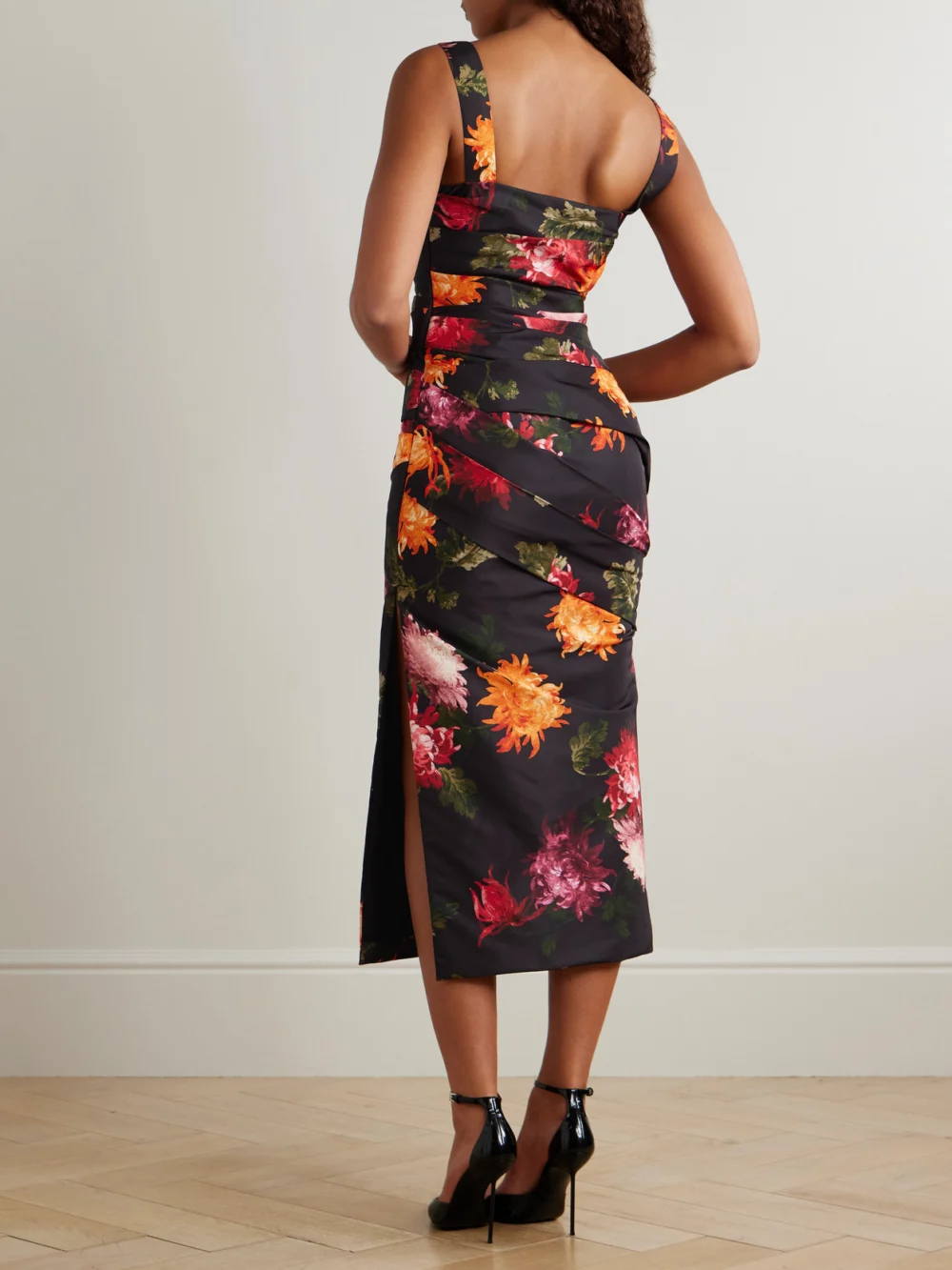 Back view of the Carolina Herrera Draped Floral-print Faille Midi Dress