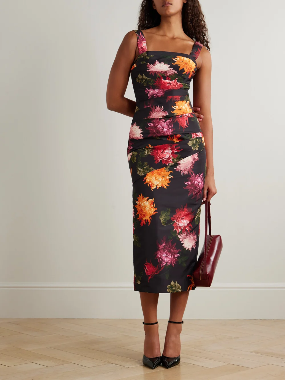 Carolina Herrera Draped Floral-print Faille Midi Dress, worn by a model