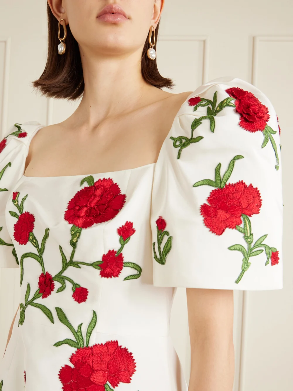 Close-up detail of the Carolina Herrera Embellished Floral Silk-faille Mini Dress