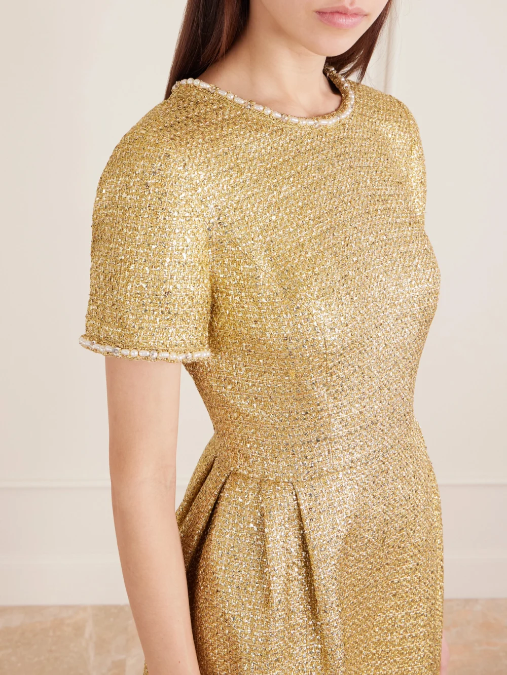 Close-up detail of the Carolina Herrera Embellished Metallic Tweed Mini Dress