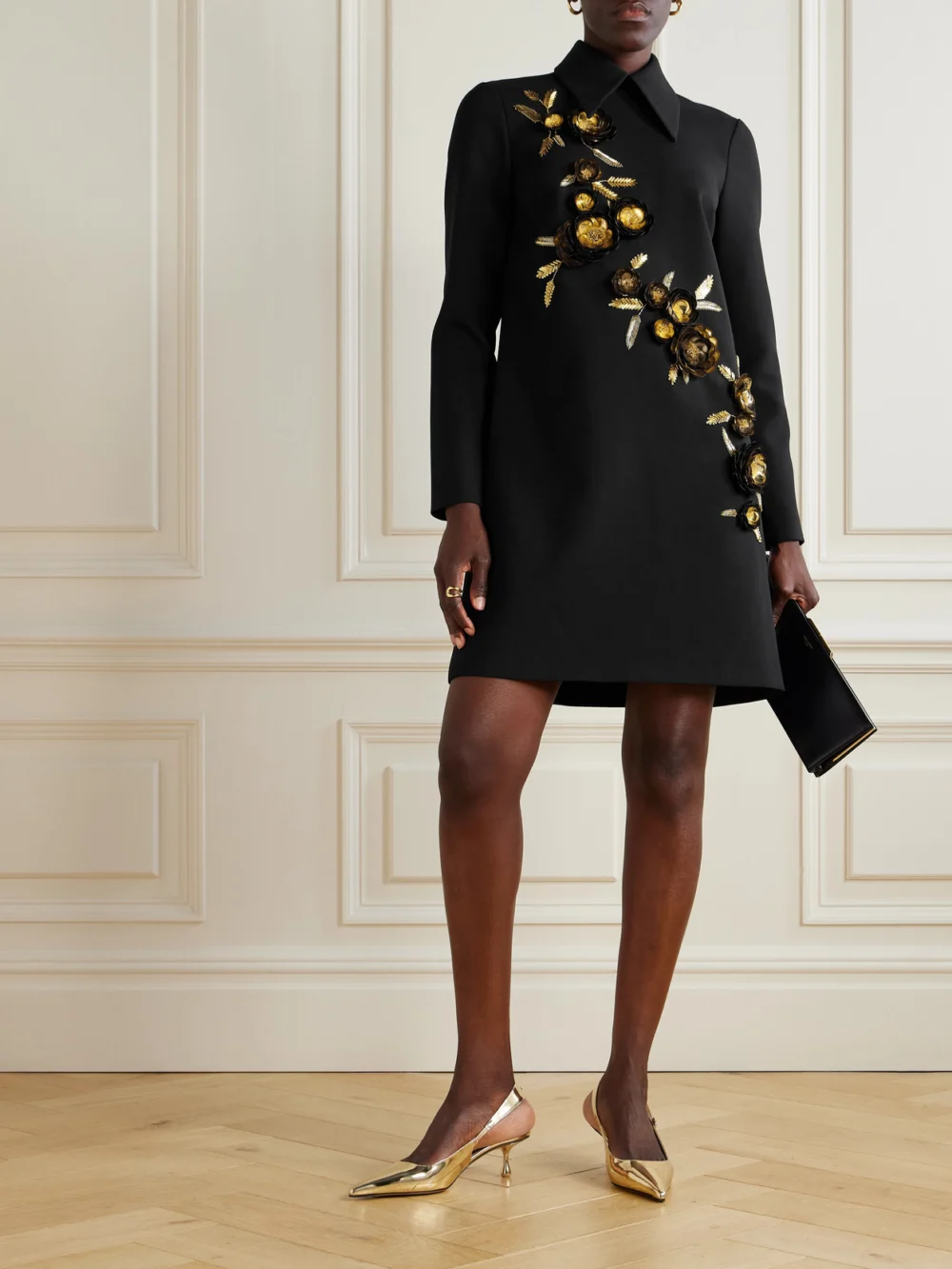 Carolina Herrera Embellished Wool-blend Mini Shirt Dress, worn by a model