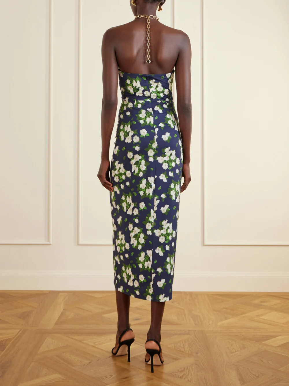 Back view of the Carolina Herrera Floral-print Embellished Jersey Halterneck Midi Dress