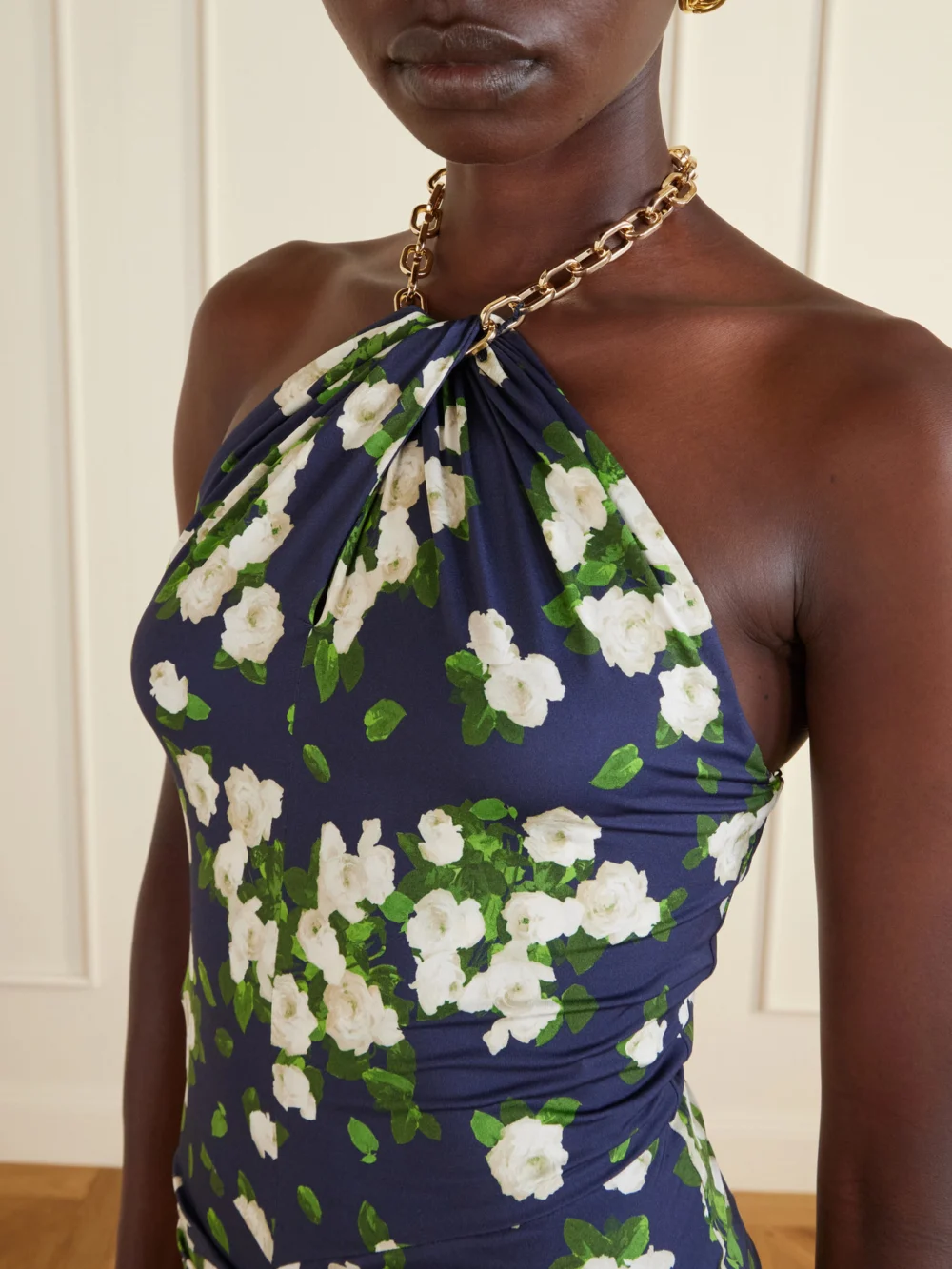 Close-up detail of the Carolina Herrera Floral-print Embellished Jersey Halterneck Midi Dress