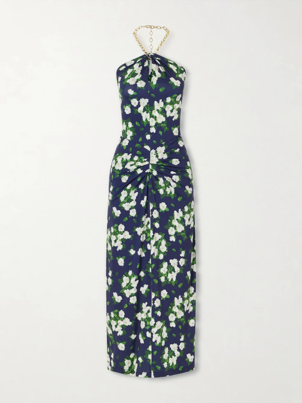 Carolina Herrera Floral-print Embellished Jersey Halterneck Midi Dress in navy