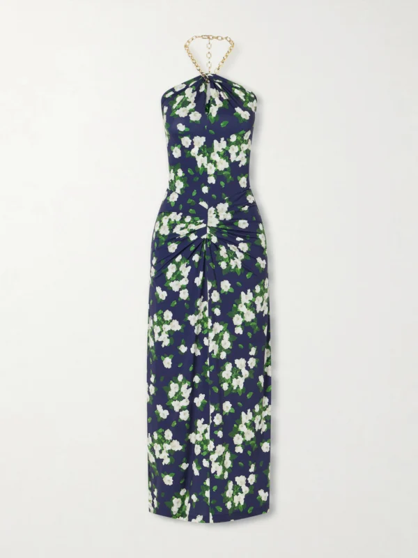 Carolina Herrera Floral-print Embellished Jersey Halterneck Midi Dress