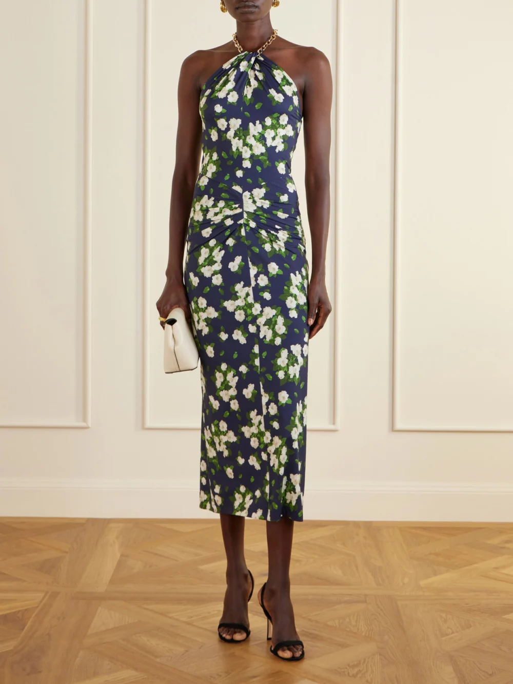 Carolina Herrera Floral-print Embellished Jersey Halterneck Midi Dress, worn by a model