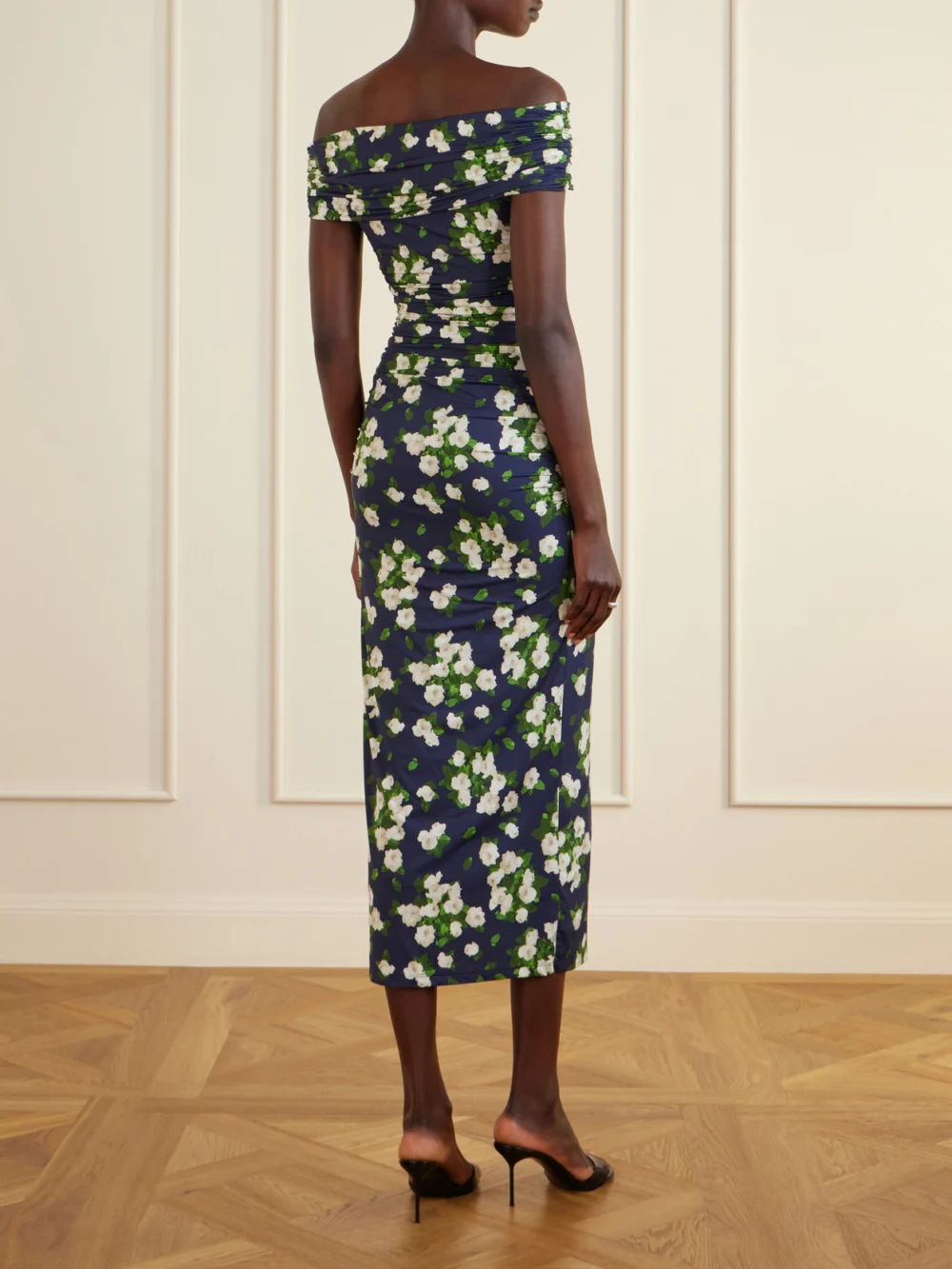 Back view of the Carolina Herrera Floral-print Gathered Jersey Midi Dress