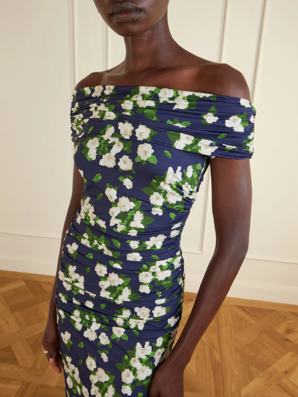 Close-up detail of the Carolina Herrera Floral-print Gathered Jersey Midi Dress