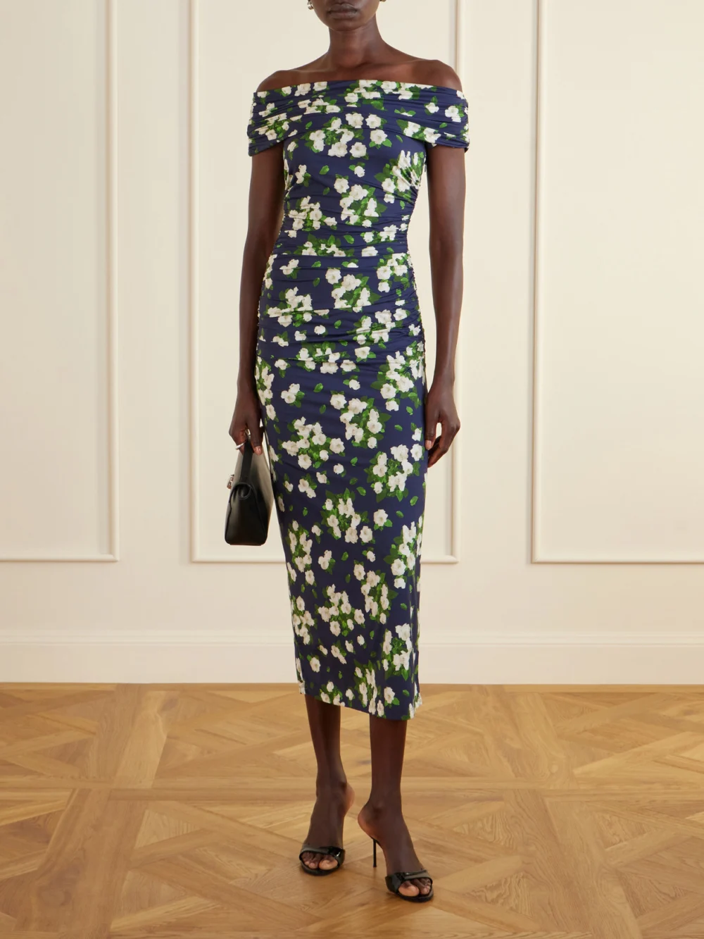 Carolina Herrera Floral-print Gathered Jersey Midi Dress, worn by a model