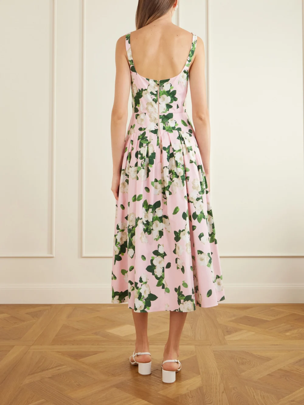 Back view of the Carolina Herrera Floral-printed Cotton-blend Midi Dress
