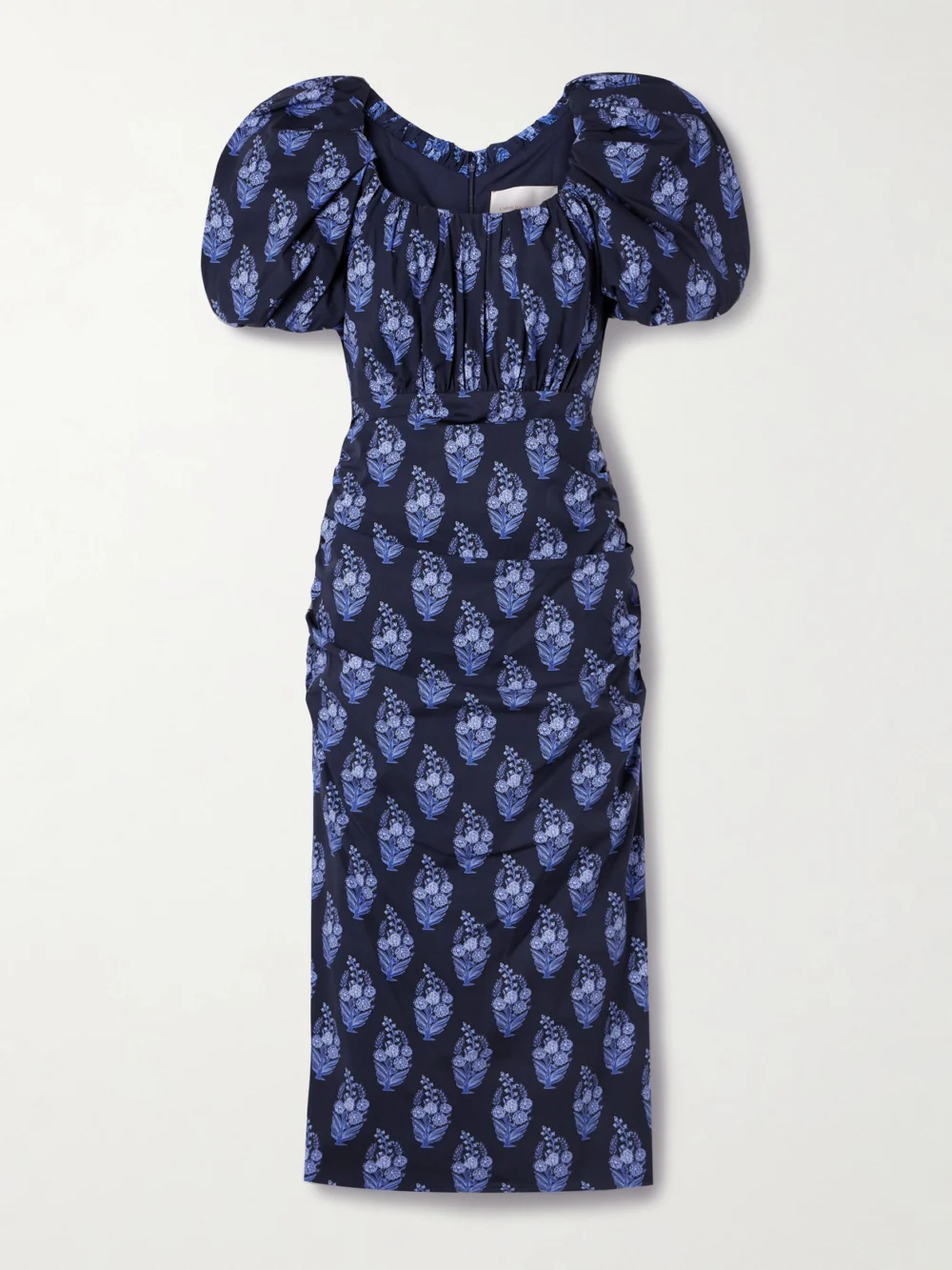 Carolina Herrera Gathered Floral-print Cotton-blend Poplin Midi Dress in midnight blue