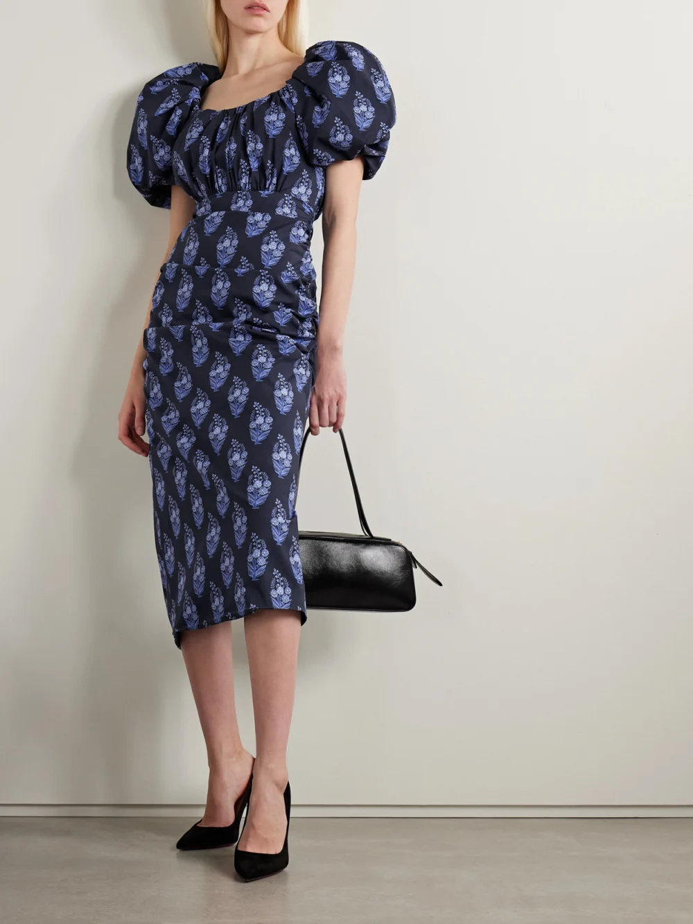 Carolina Herrera Gathered Floral-print Cotton-blend Poplin Midi Dress, worn by a model
