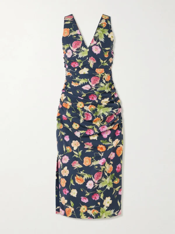 Carolina Herrera Gathered Floral-print Stretch-cotton Midi Dress
