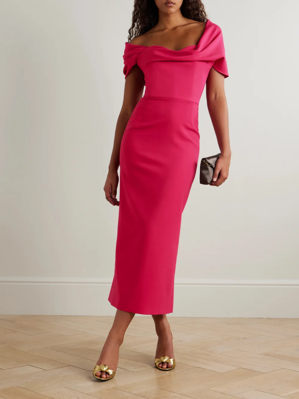 Carolina Herrera Off-the-shoulder Draped Wool-blend Crepe Midi Dress, worn by a model