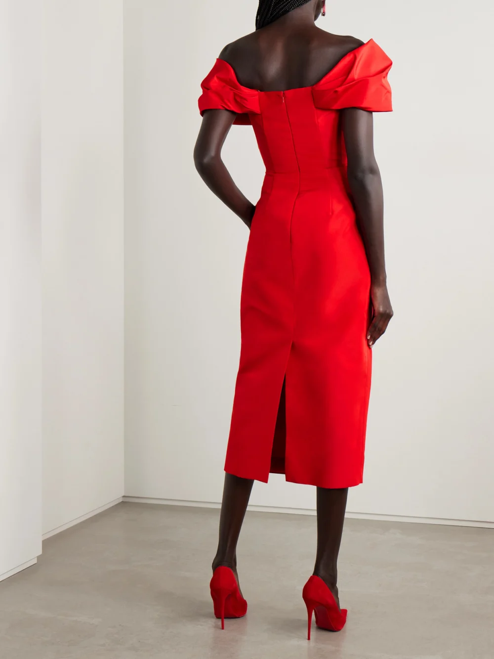 Back view of the Carolina Herrera Off-the-shoulder Pleated Silk-faille Midi Dress