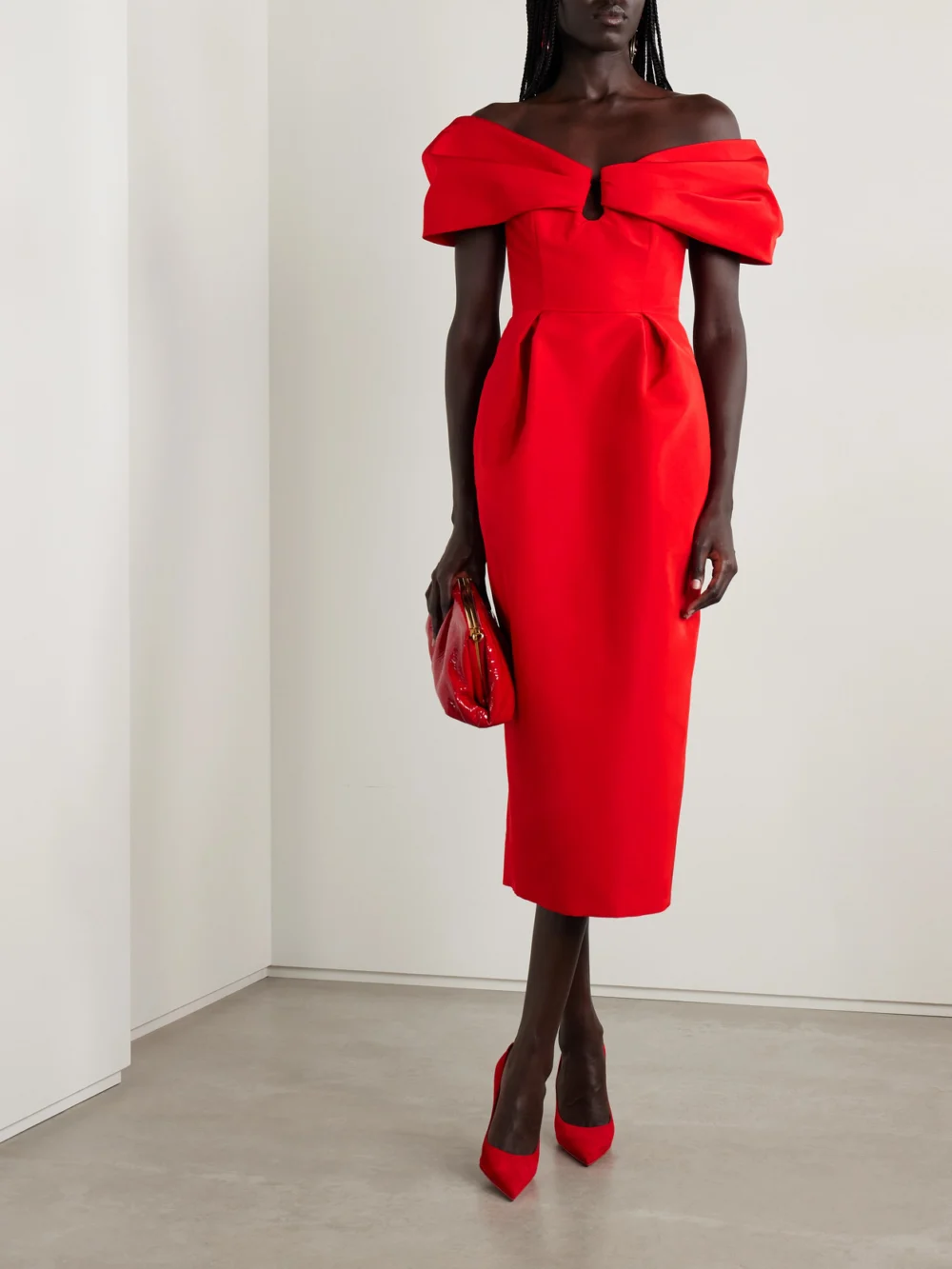 Carolina Herrera Off-the-shoulder Pleated Silk-faille Midi Dress, worn by a model