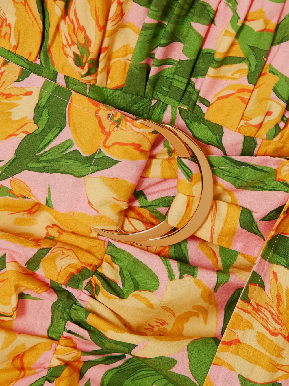 Close-up detail of the Carolina Herrera Off-the-shoulder Ruched Belted Floral-print Stretch-cotton Midi Dress
