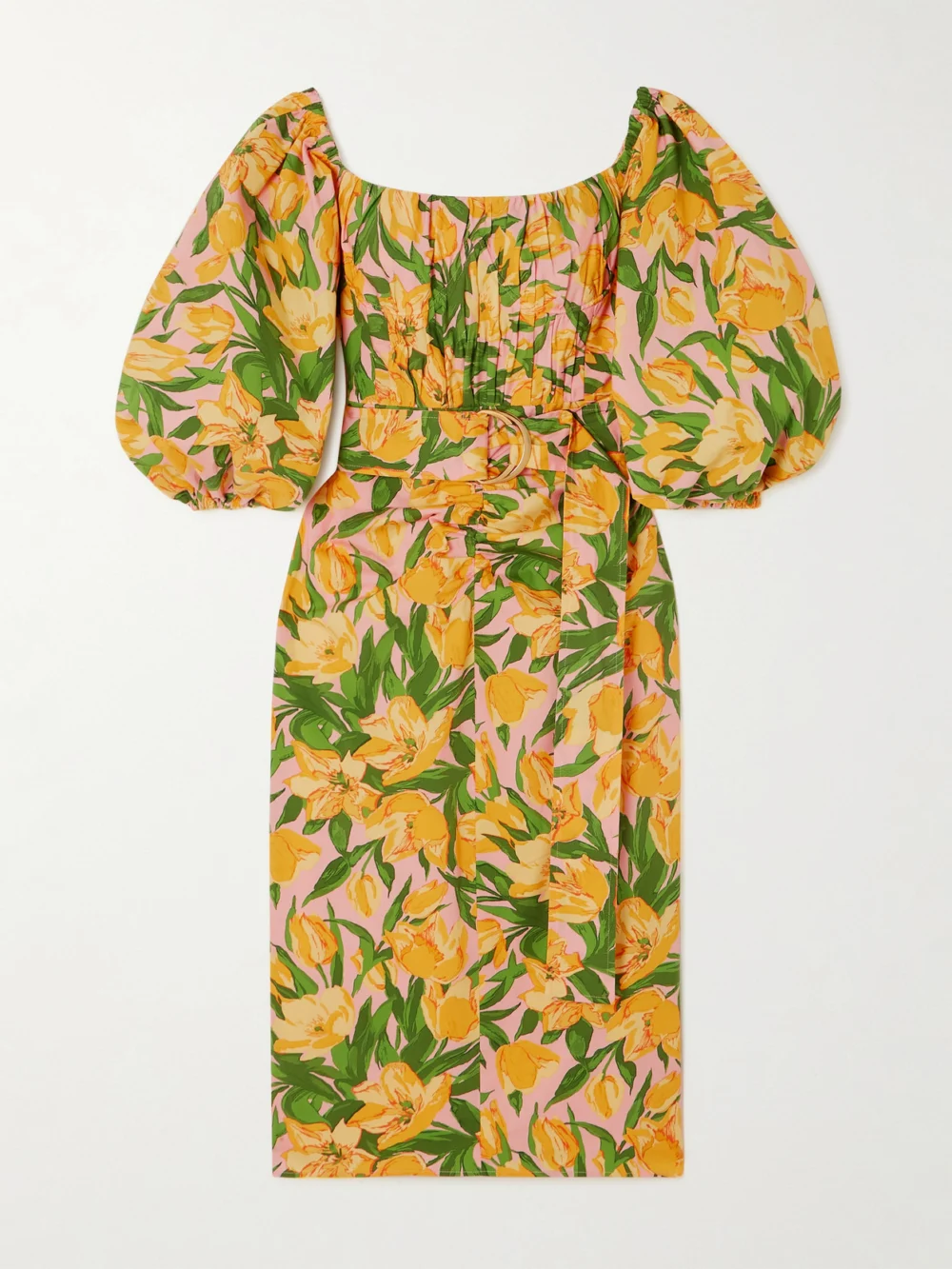 Carolina Herrera Off-the-shoulder Ruched Belted Floral-print Stretch-cotton Midi Dress in yellow